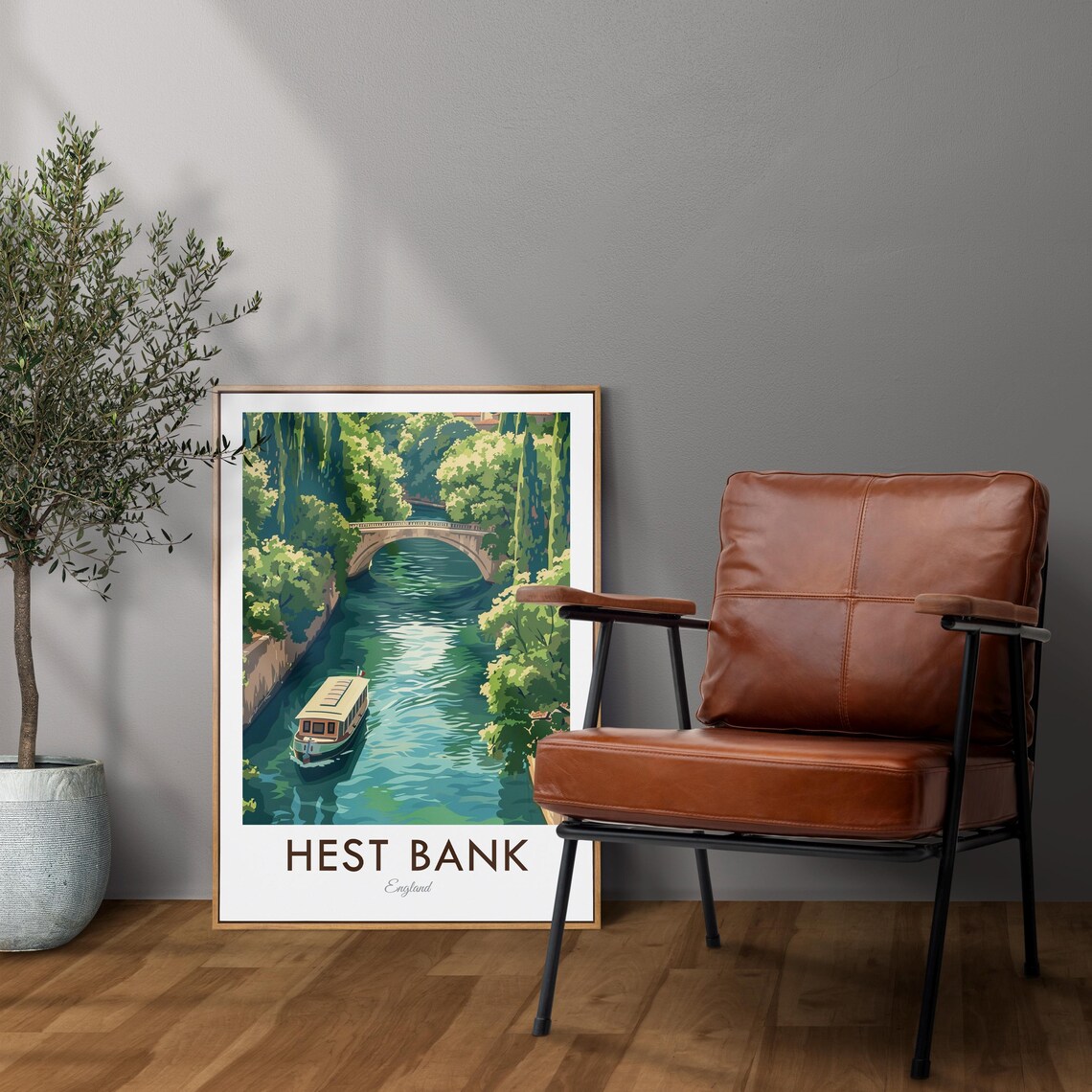 Hest Bank England Canal Boat Stone Bridge Vintage Travel Poster - Image 2