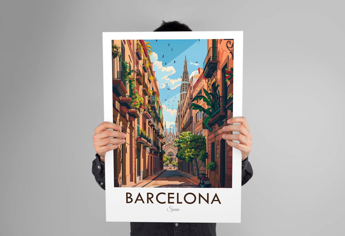 Barcelona Spain Old Town Cathedral Street Vintage Travel Poster - Image 3