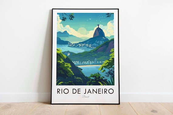 Rio de Janeiro Brazil Christ Statue Mountain Bay Vintage Travel Poster