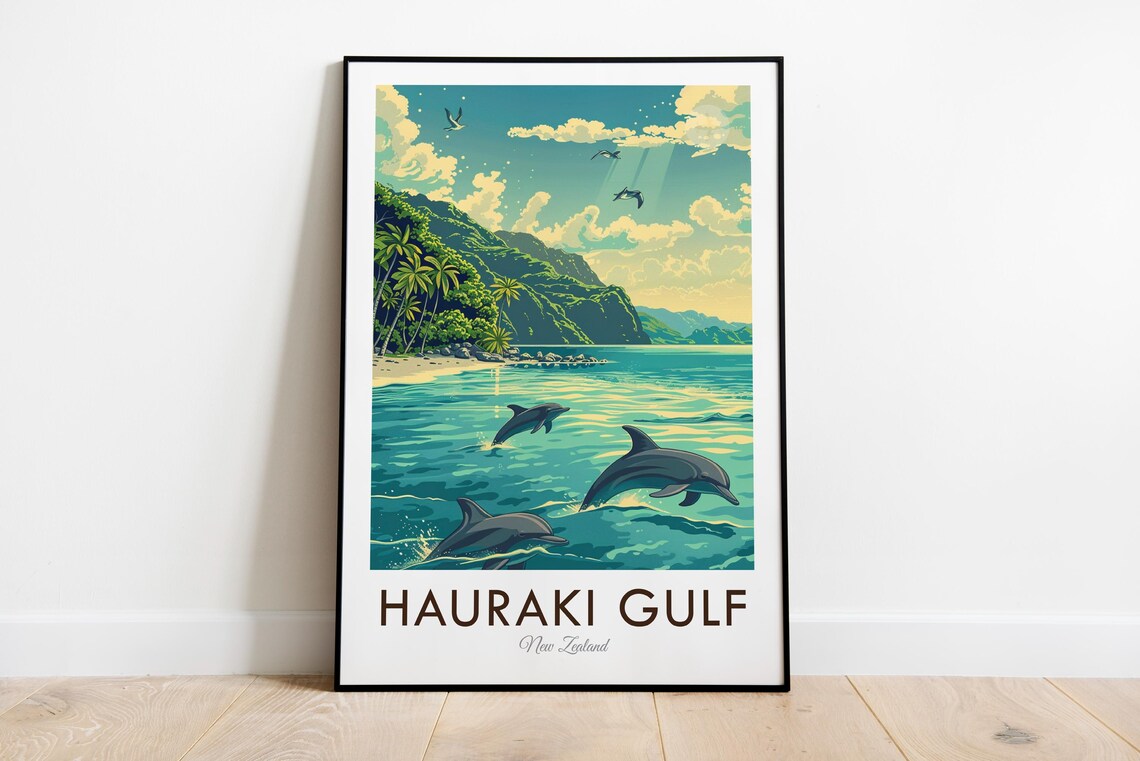 Hauraki Gulf New Zealand Dolphins Beach Cliffs Vintage Travel Poster