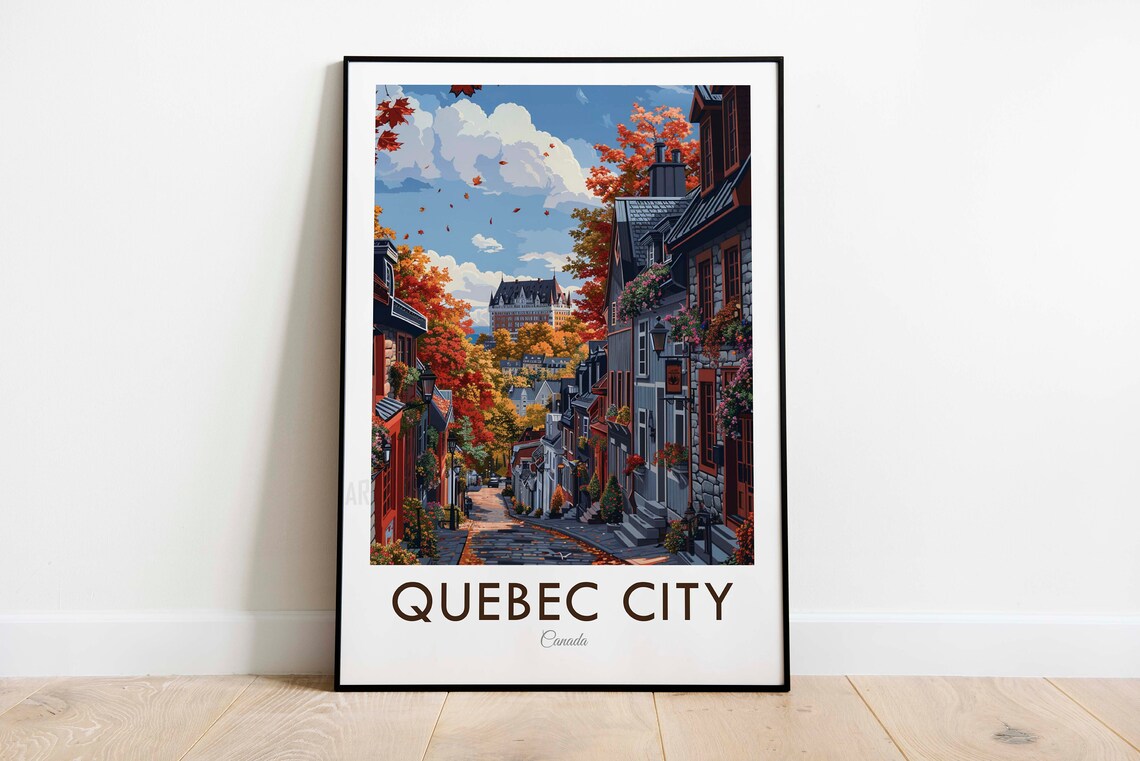 Quebec City Canada Autumn Old Town Street Vintage Travel Poster