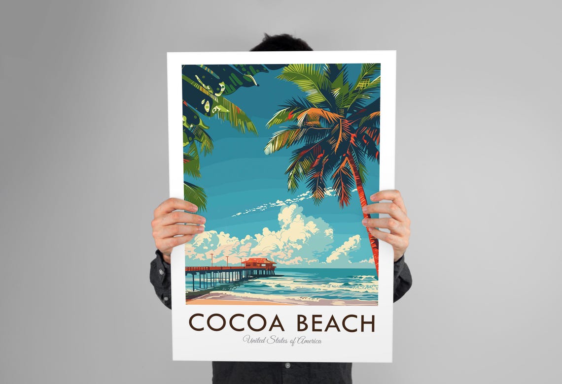 Cocoa Beach Florida Palm Trees Wooden Pier Sunset Travel Poster - Image 3
