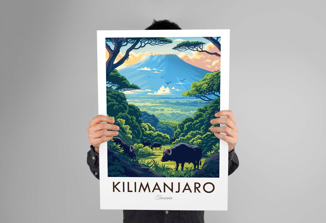 Kilimanjaro Tanzania Peak Above Acacia Forest Buffalo Scene Travel Poster - Image 3