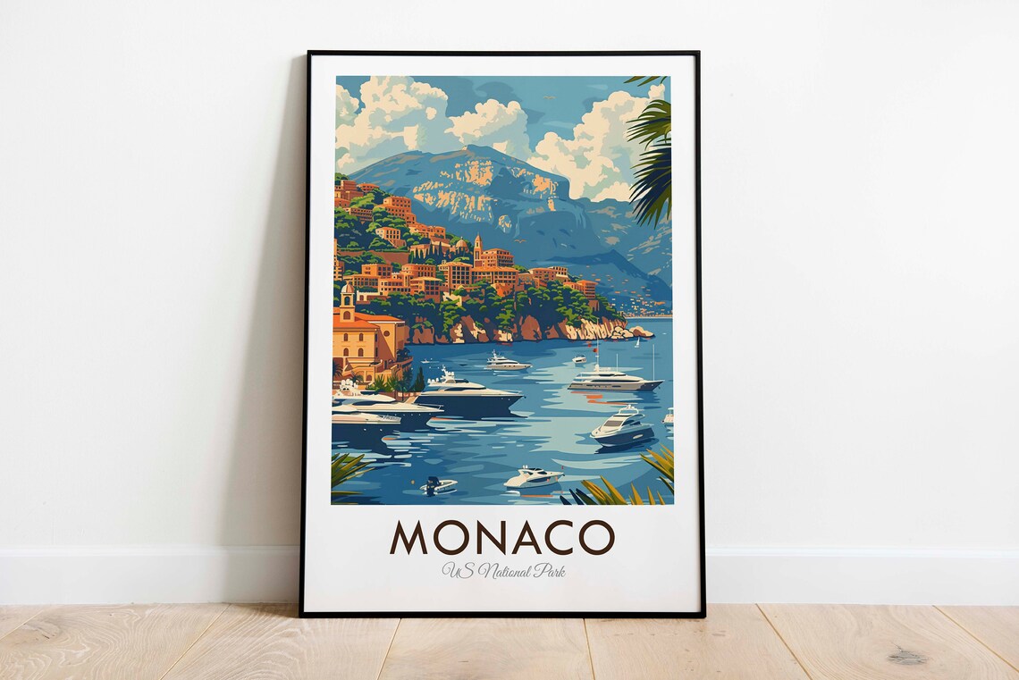 Monaco Bay Yachts And Hilltop Old Town Coastal Scene Travel Poster