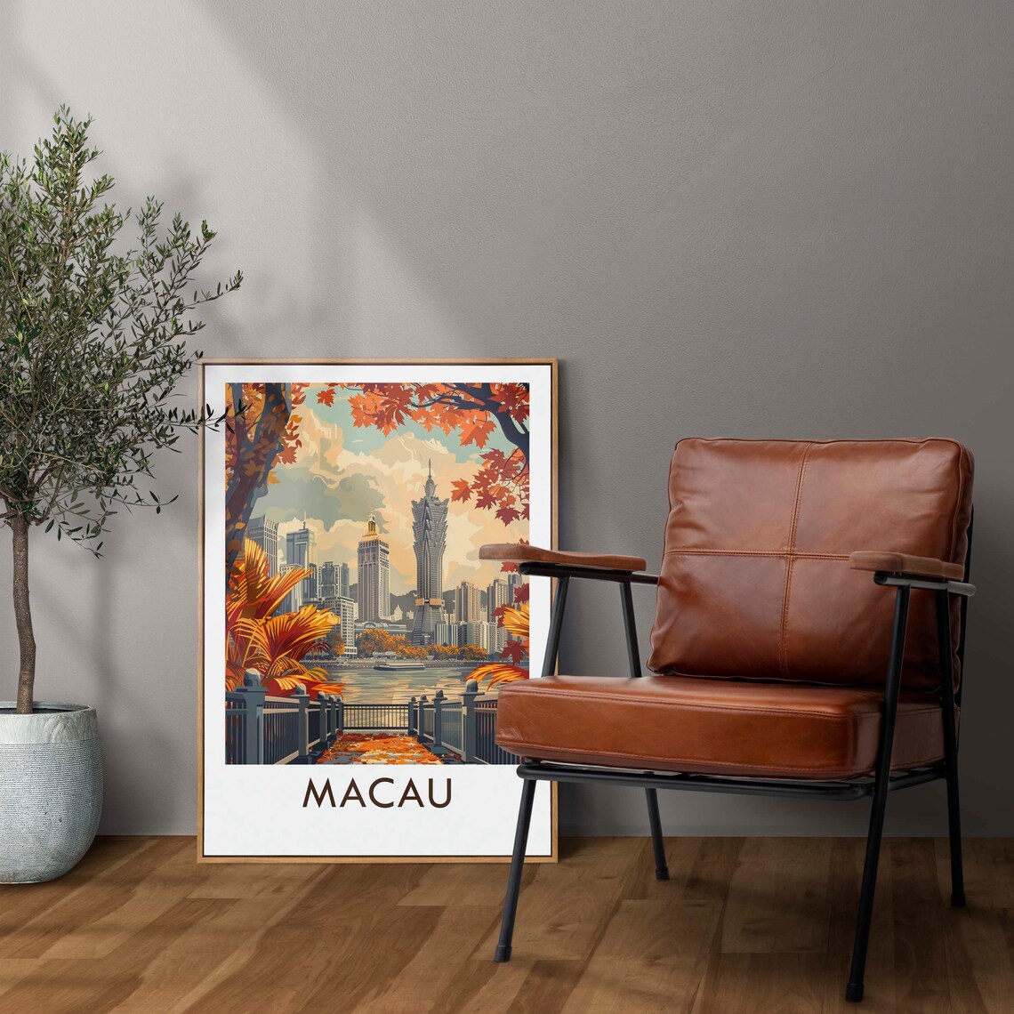 Macau China Waterfront Skyline Promenade Autumn Leaves Travel Poster