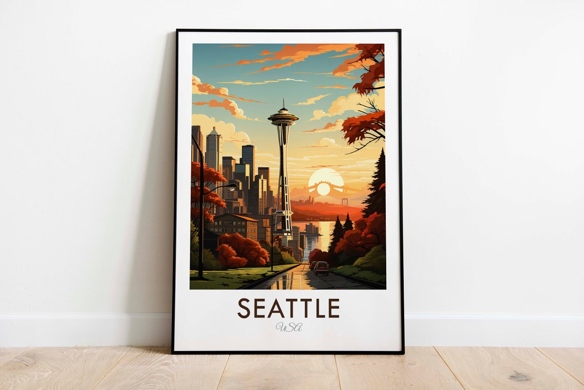 Seattle USA Space Needle Sunset Skyline Autumn Street Travel Poster