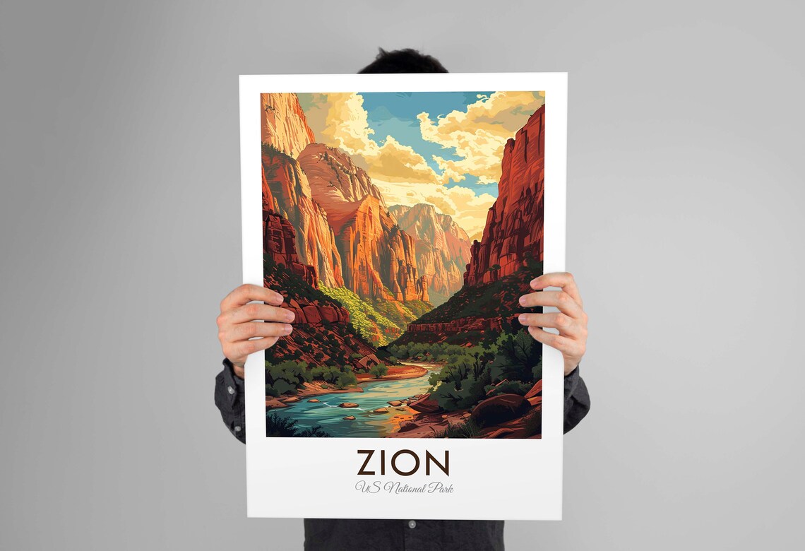 Zion National Park Red Canyon Walls River Bend Golden Light Travel Poster - Image 2