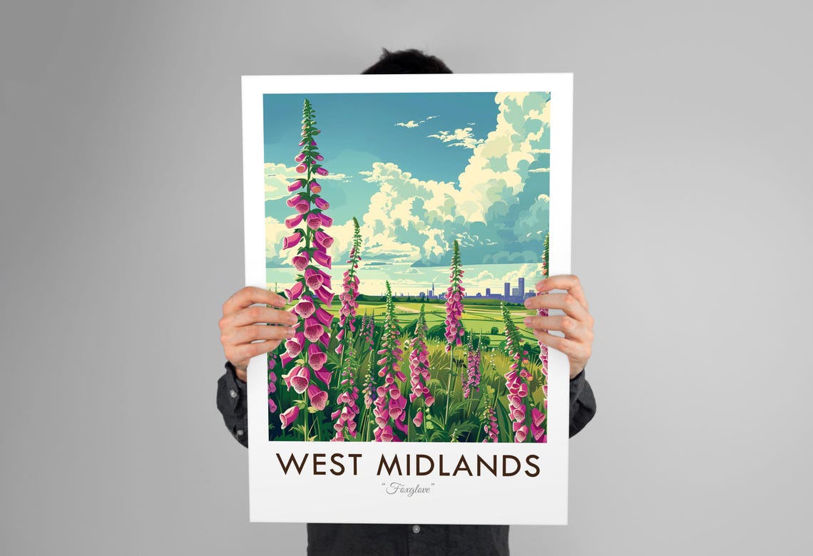 West Midlands Foxglove Pink Bloom Countryside Vintage Travel Poster - Image 3