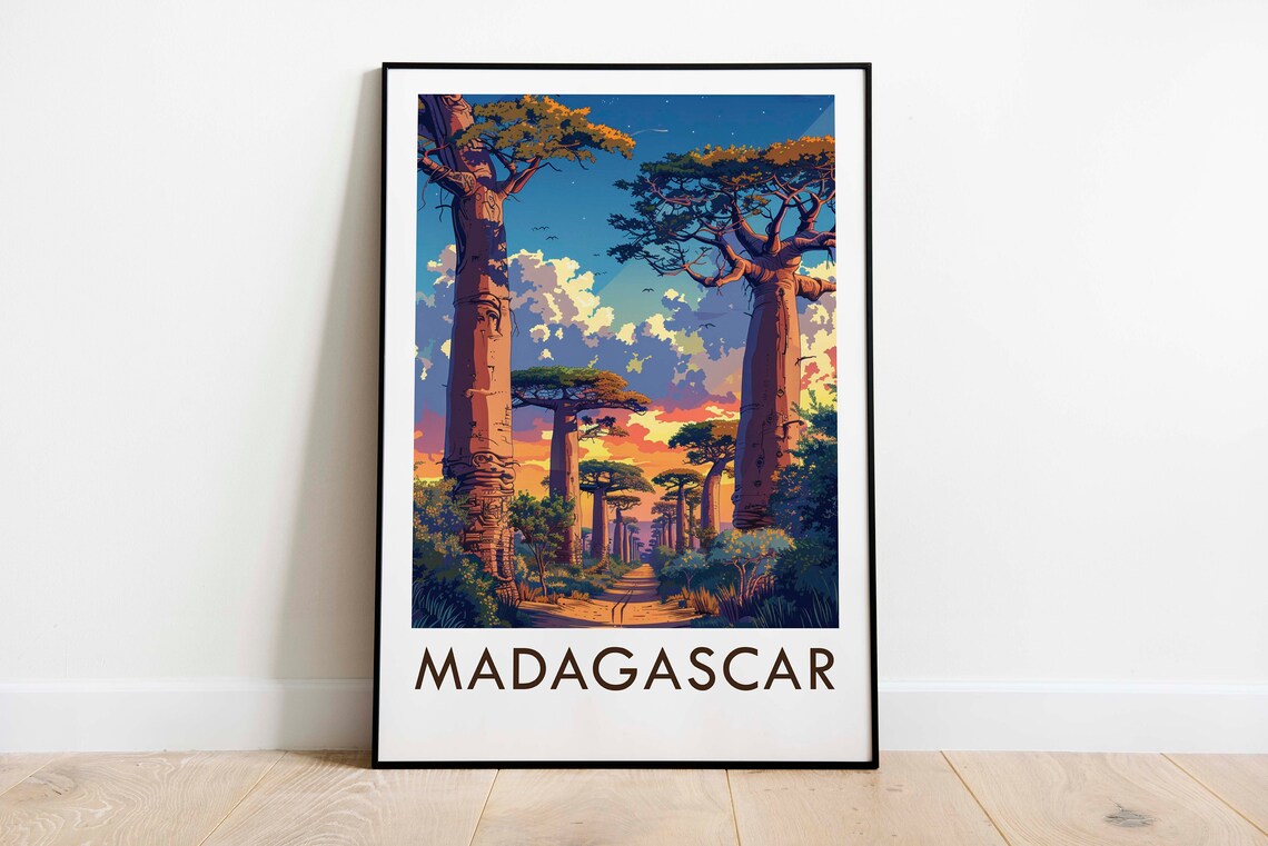 Madagascar Avenue Of The Baobabs Sunset Silhouette Scene Travel Poster