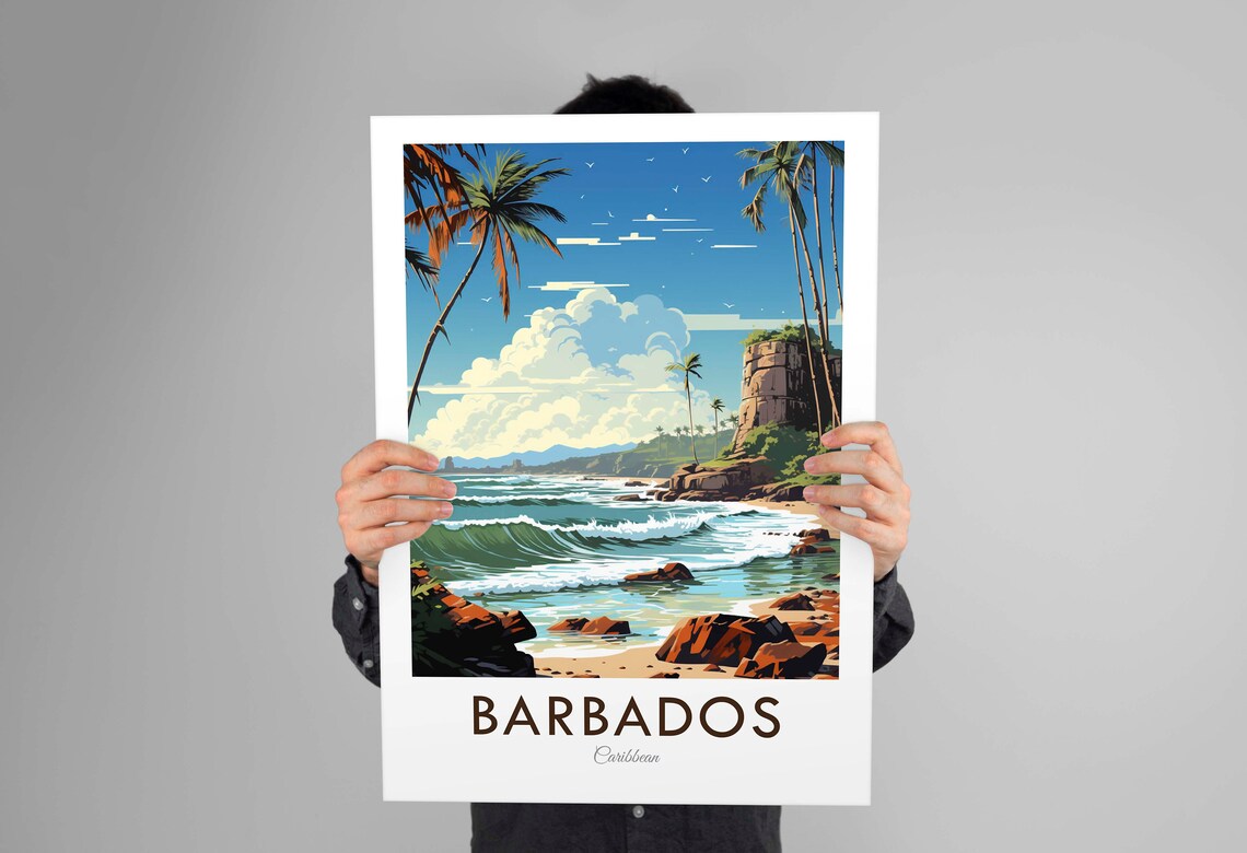 Barbados Caribbean Island Palm Beach Cliffs Vintage Travel Poster - Image 3