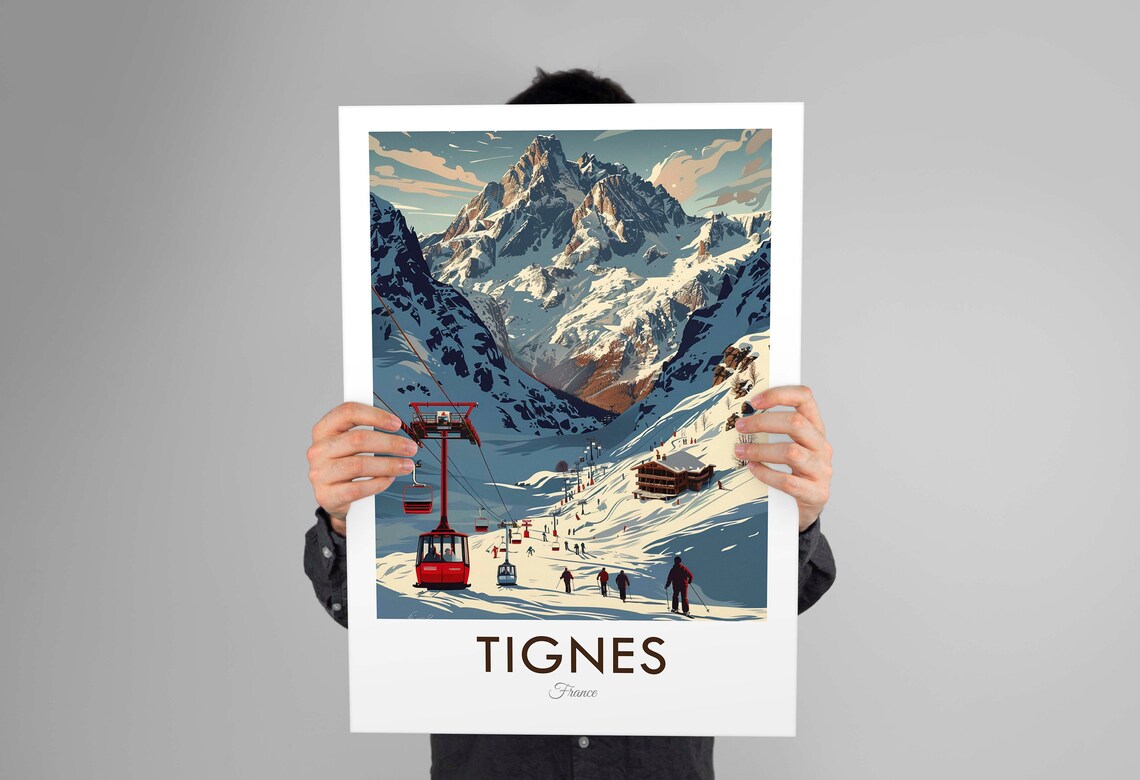 Tignes France Snowy Ski Slopes Gondola Alpine Resort Travel Poster - Image 3