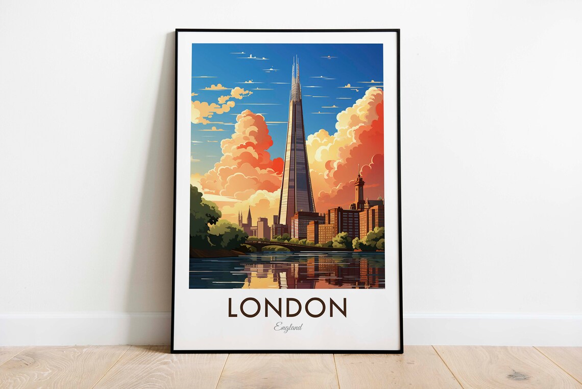 London England The Shard Sunset Clouds Thames Riverside Travel Poster