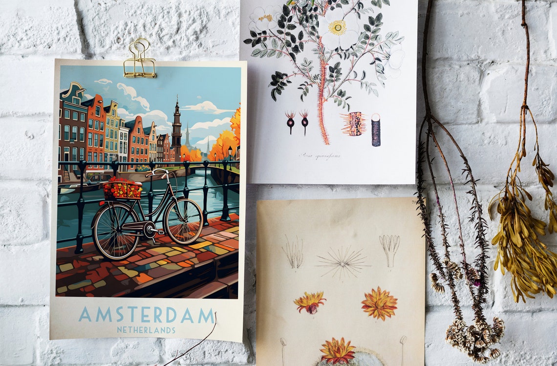 Amsterdam Canal Bicycle Autumn Vintage Netherlands Travel Poster - Image 4