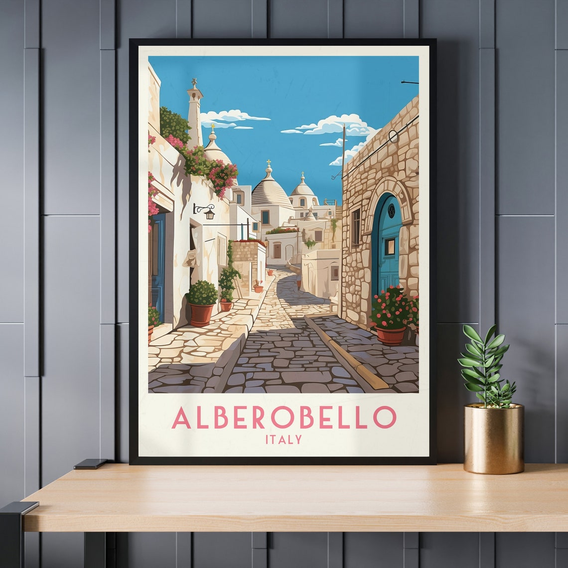 Alberobello Italy Vintage Trulli Stone Street Blue Doors Poster - Image 3