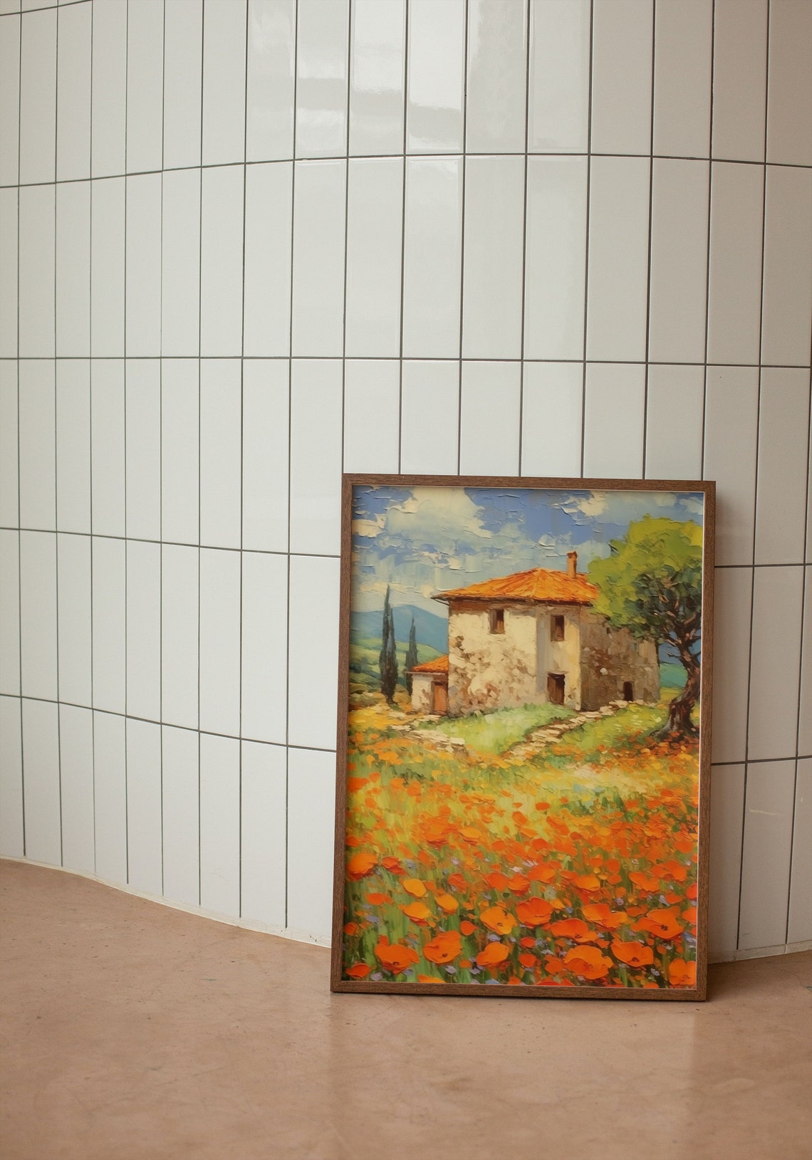 Rustic Stone Farmhouse Orange Poppy Field Country Landscape Poster - Image 3