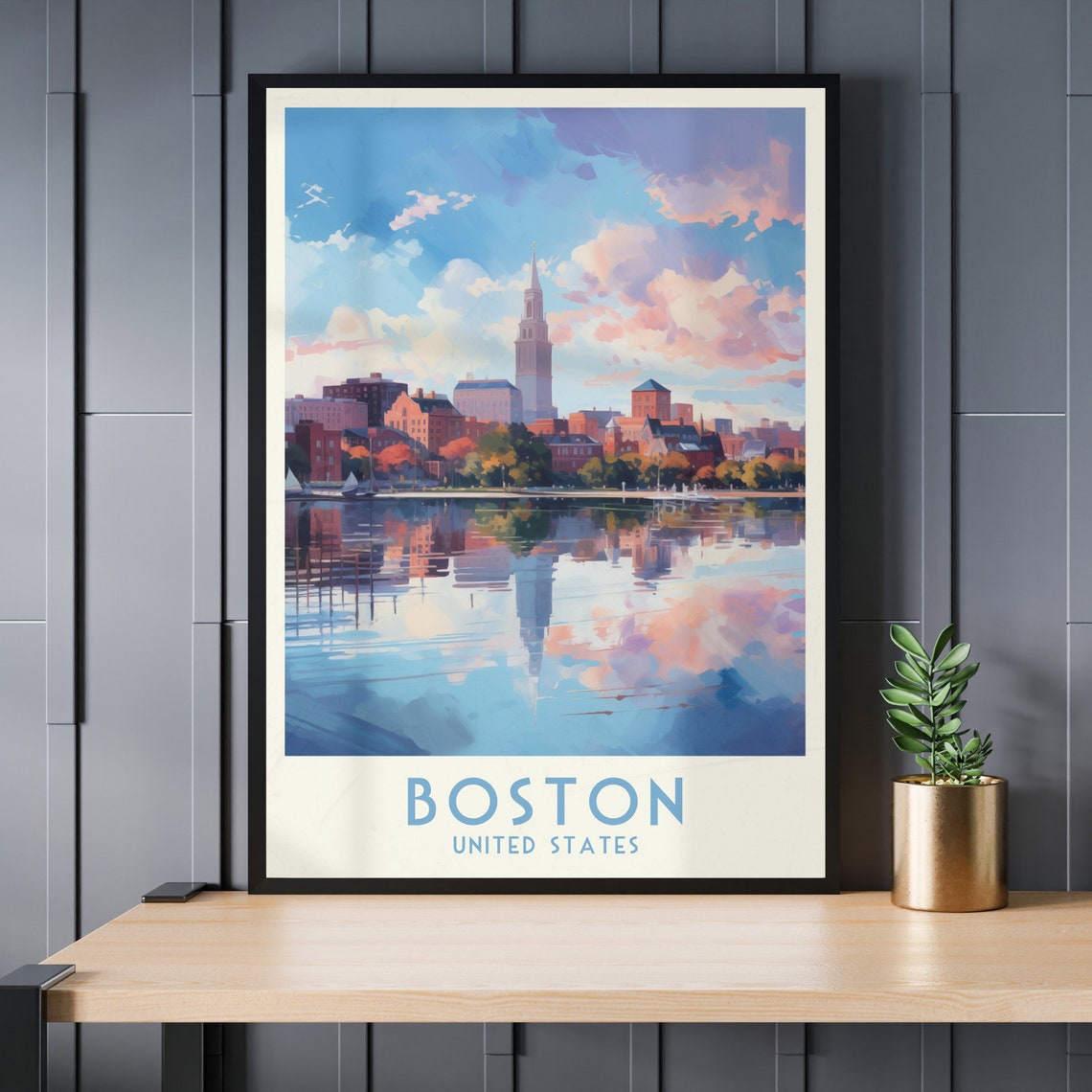 Boston Harbor Skyline Water Reflection in Watercolor Travel Poster - Image 3