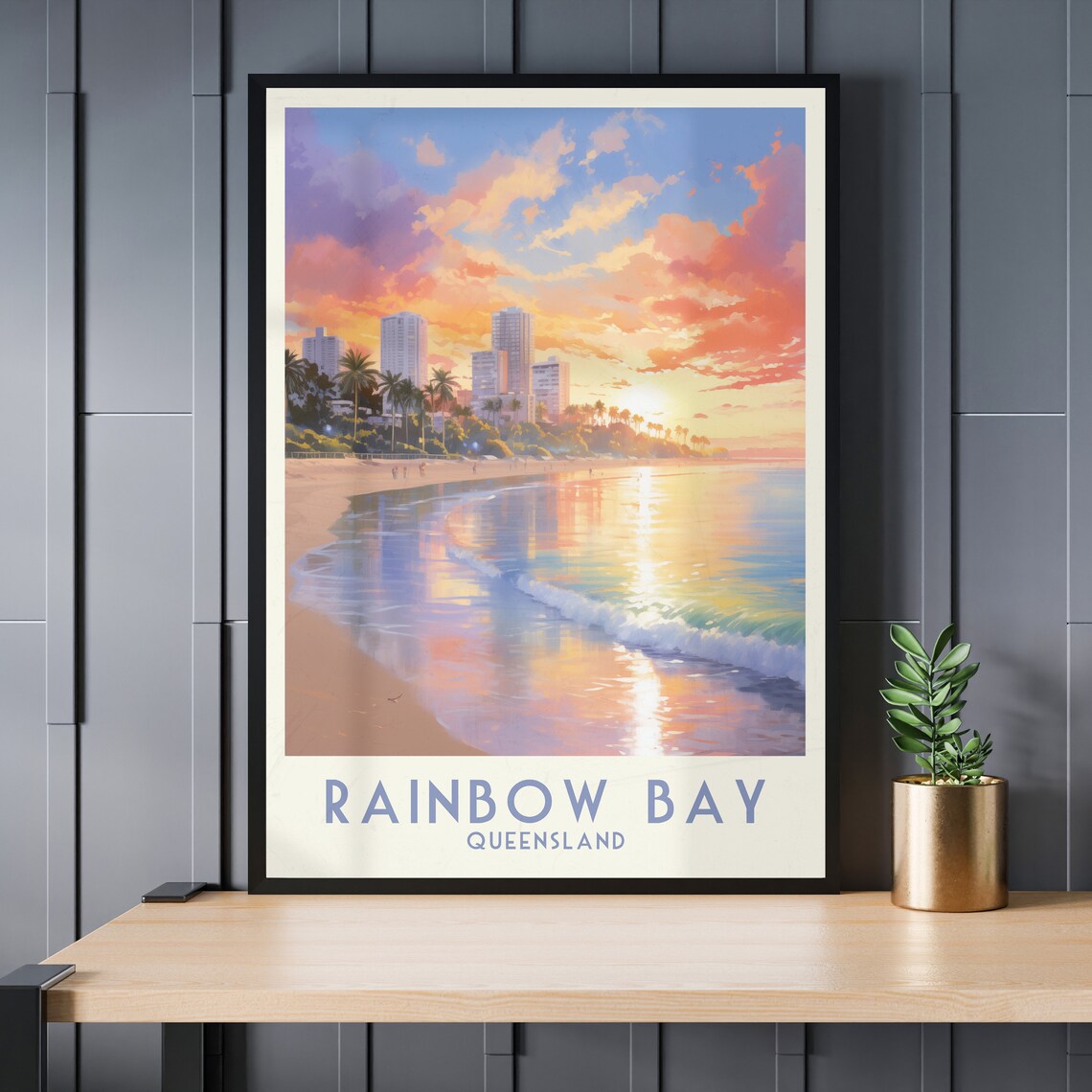 Rainbow Bay Queensland Sunset Beach City Skyline Travel Poster - Image 3