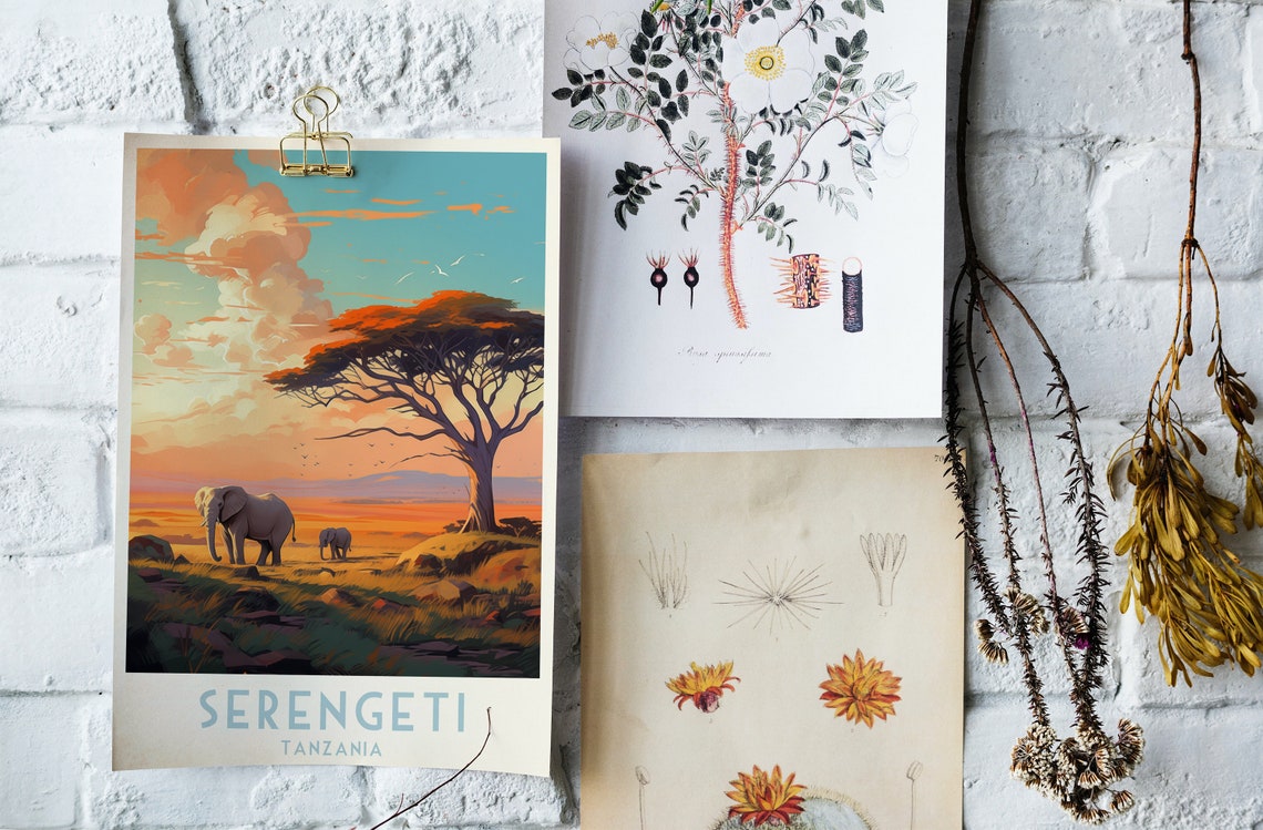 Serengeti Tanzania Elephants at Sunset Savanna Travel Poster Art - Image 4