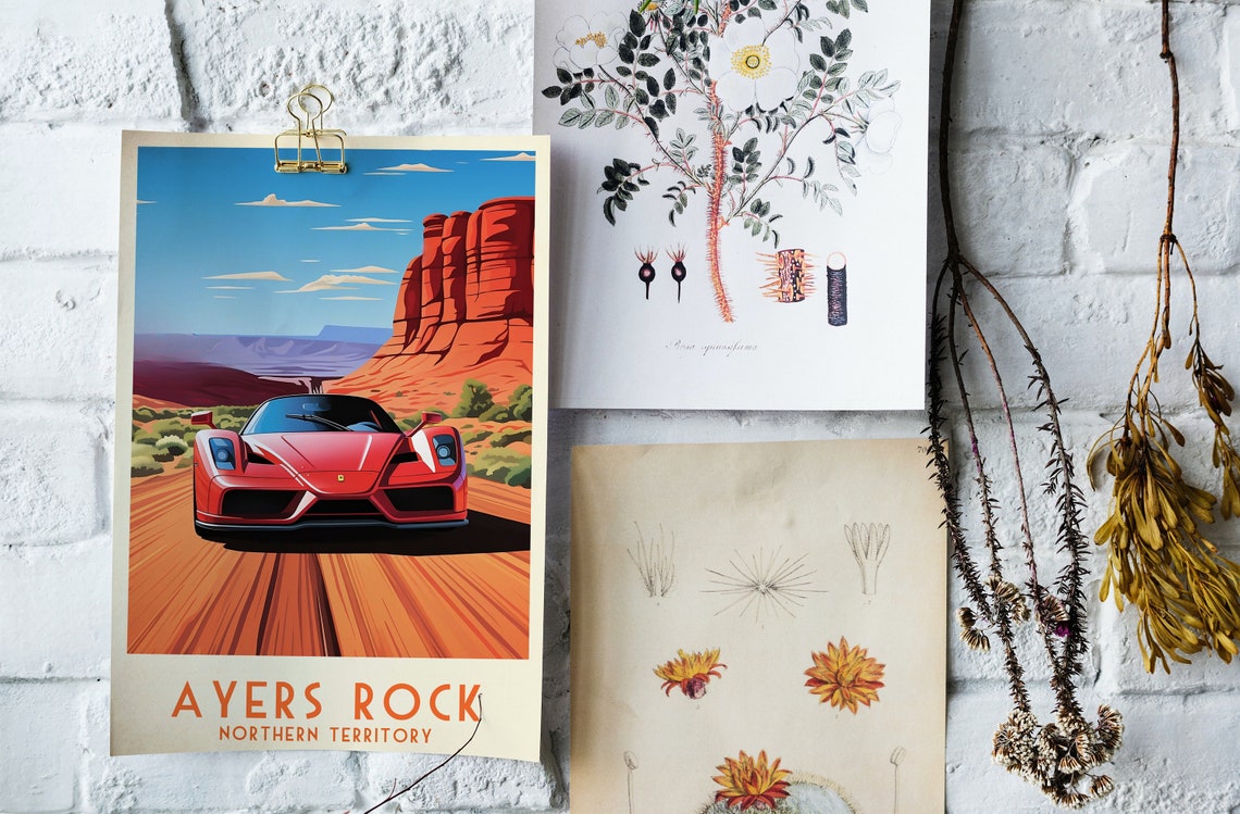 Ayers Rock Australia Red Supercar Desert Road Vintage Travel Poster - Image 4