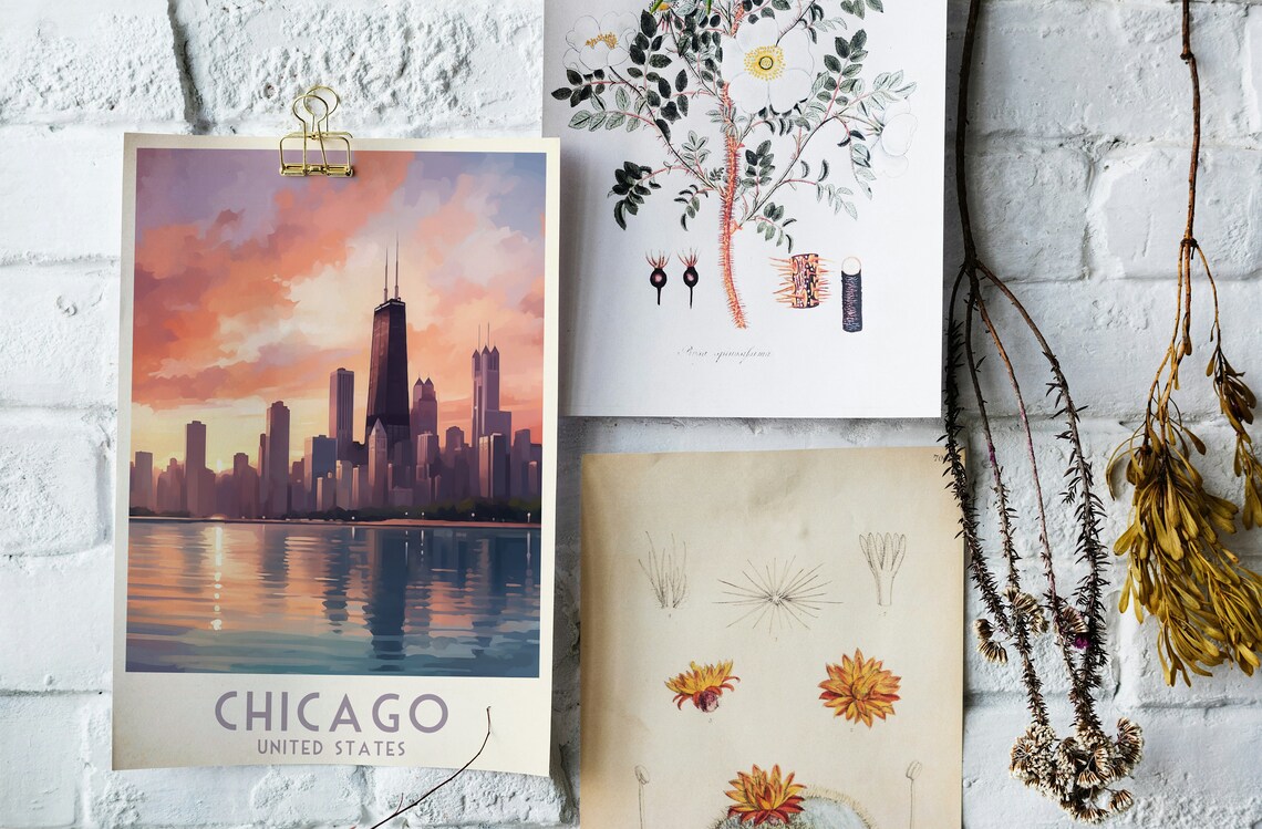 Chicago Sunset Skyline Over the Water Vintage Retro Travel Poster - Image 4