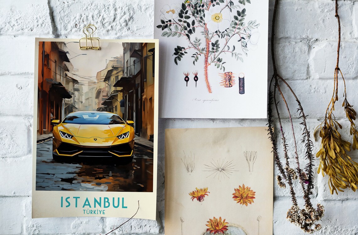 Istanbul Turkiye Yellow Sports Car Wet Cobblestone Travel Poster - Image 4