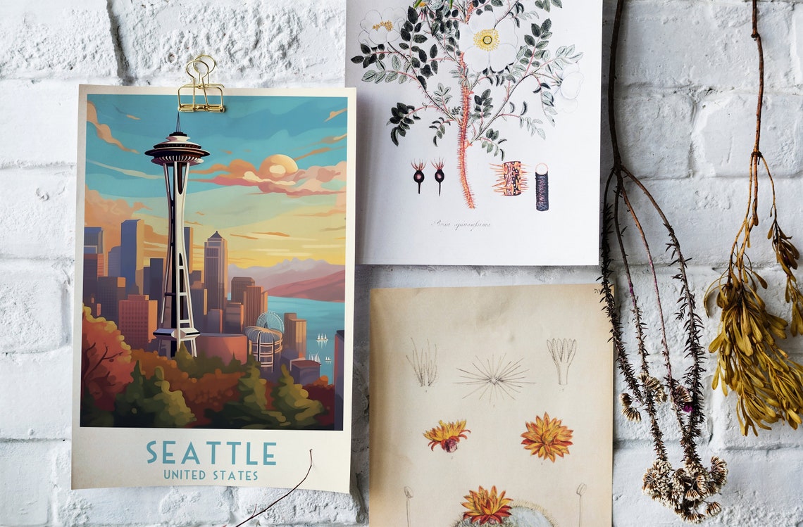 Seattle Space Needle Skyline Sunset Vintage Washington Travel Poster - Image 4