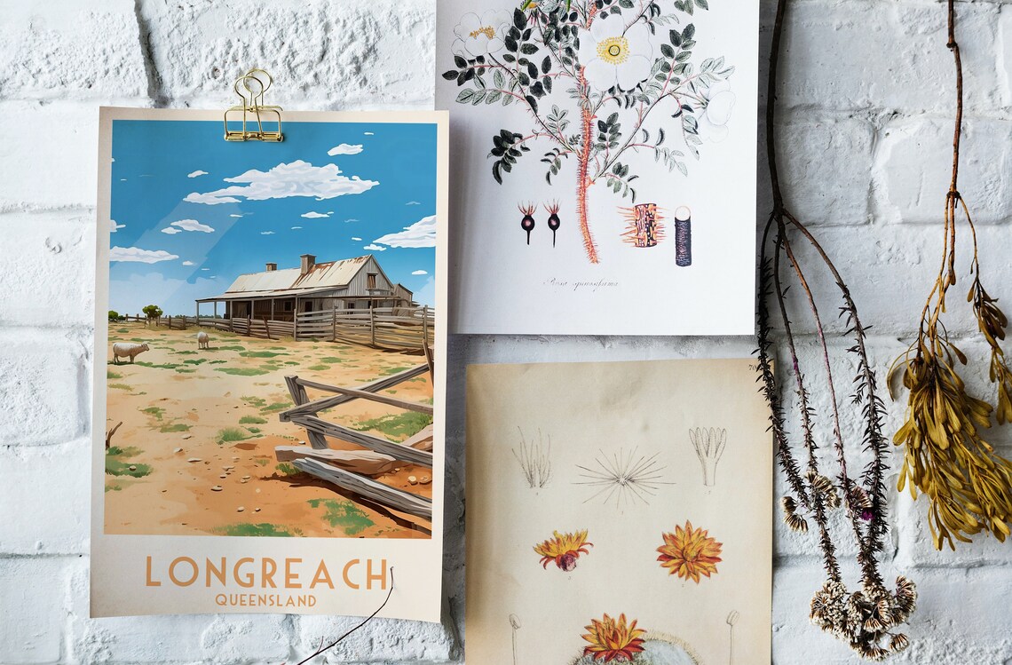 Longreach Queensland Outback Station Shed Sheep Retro Travel Poster - Image 4
