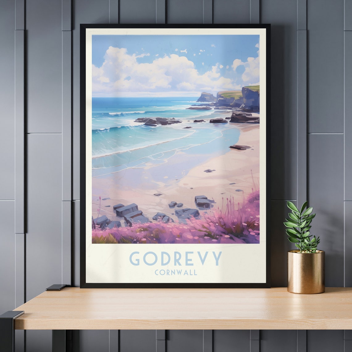 Godrevy Cornwall Beach Rocky Shore Rolling Turquoise Waves Poster - Image 3