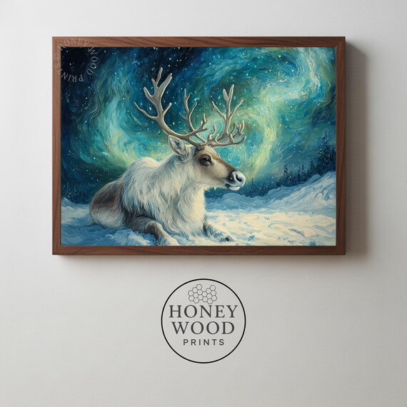 Reindeer In Snow With Northern Lights Winter Landscape Art Moody Nordic Decor Rustic Wall 37