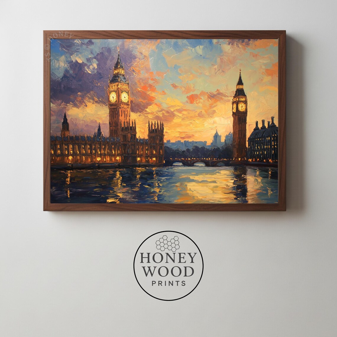 Big Ben Sunset Over Thames Impressionist Cityscape Oil Poster