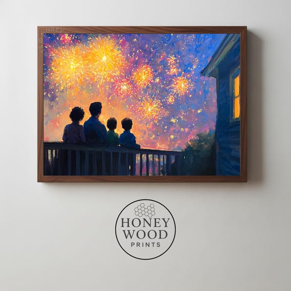 Rustic Family Silhouette By Night Farmhouse Porch With Fireworks Cozy Festive Decor Warm Scene Art 130