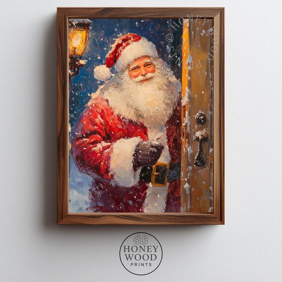 Vintage Santa Claus Arriving Snowy Doorway Cozy Christmas Poster