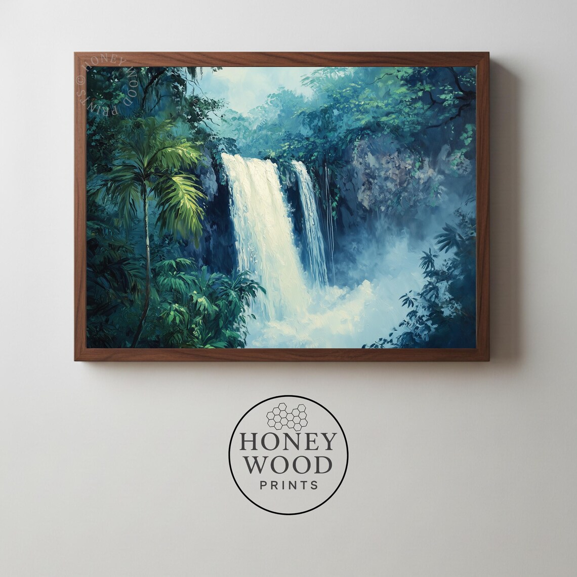 Tropical Waterfall Rainforest Mist Moody Landscape Oil Painting Poster