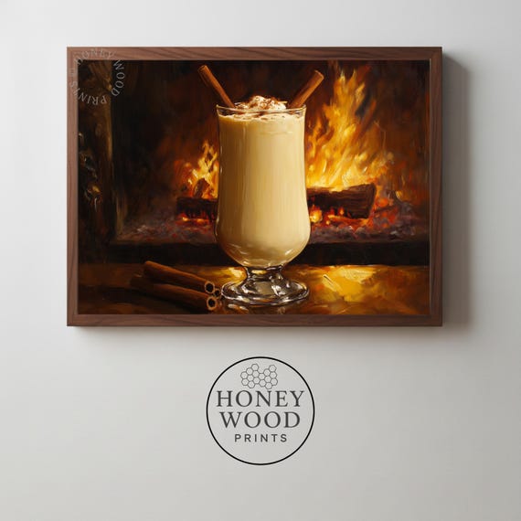 Eggnog Stilllife With Cinnamon Sticks Festive Holiday Art Painterly Rustic Decor Cozy Fireplace Scene Warm Light 187