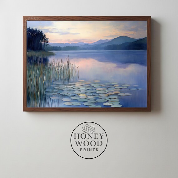 Tranquil Lake At Dusk Art Serene Moody Landscape Water Lilies And Hills Rustic Home Decor Instant 27