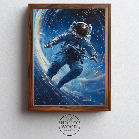 Moody Space Walk Astronaut Art Scifi Cosmic Painting With Rich Blue Tones Futuristic Nebula Clouds Wall Decor 190