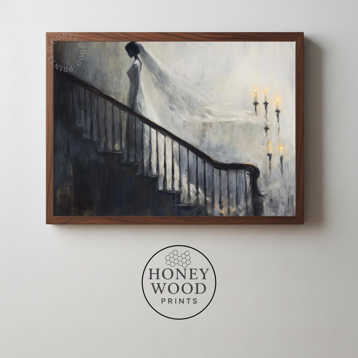 Moody Gothic Bride Portrait Vintage On Shadowed Staircase Spooky Dark Romantic Decor Atmospheric 183