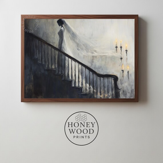 Moody Gothic Bride Portrait Vintage On Shadowed Staircase Spooky Dark Romantic Decor Atmospheric 183