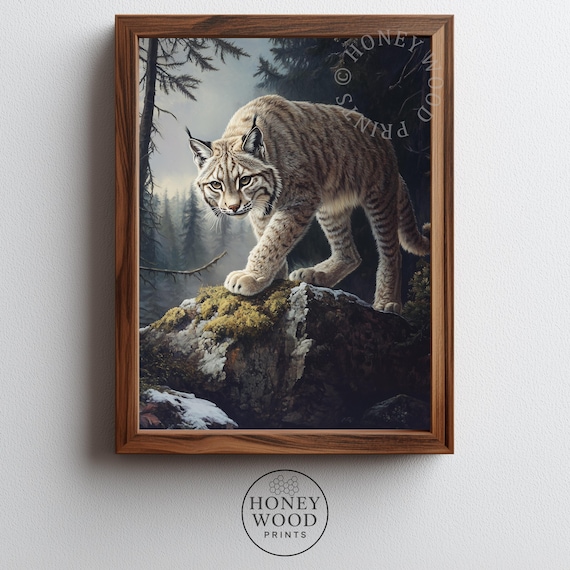Moody Lynx On Mosscovered Rock Painting Rustic Wildlife Art Print Vintage Forest Decor Chalet Wall 285