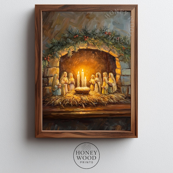 Christmas Nativity Scene Candlelight Stone Grotto Painting Poster