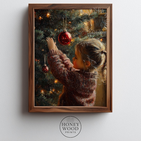 Vintage Christmas Child Hanging Ornament Tree Cozy Scene Poster