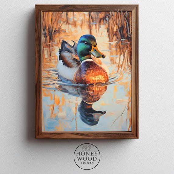 Rustic Mallard Duck Painting Autumn Farmhouse Decor Warm Nature Wildlife Art Serene Fall Landscape 249