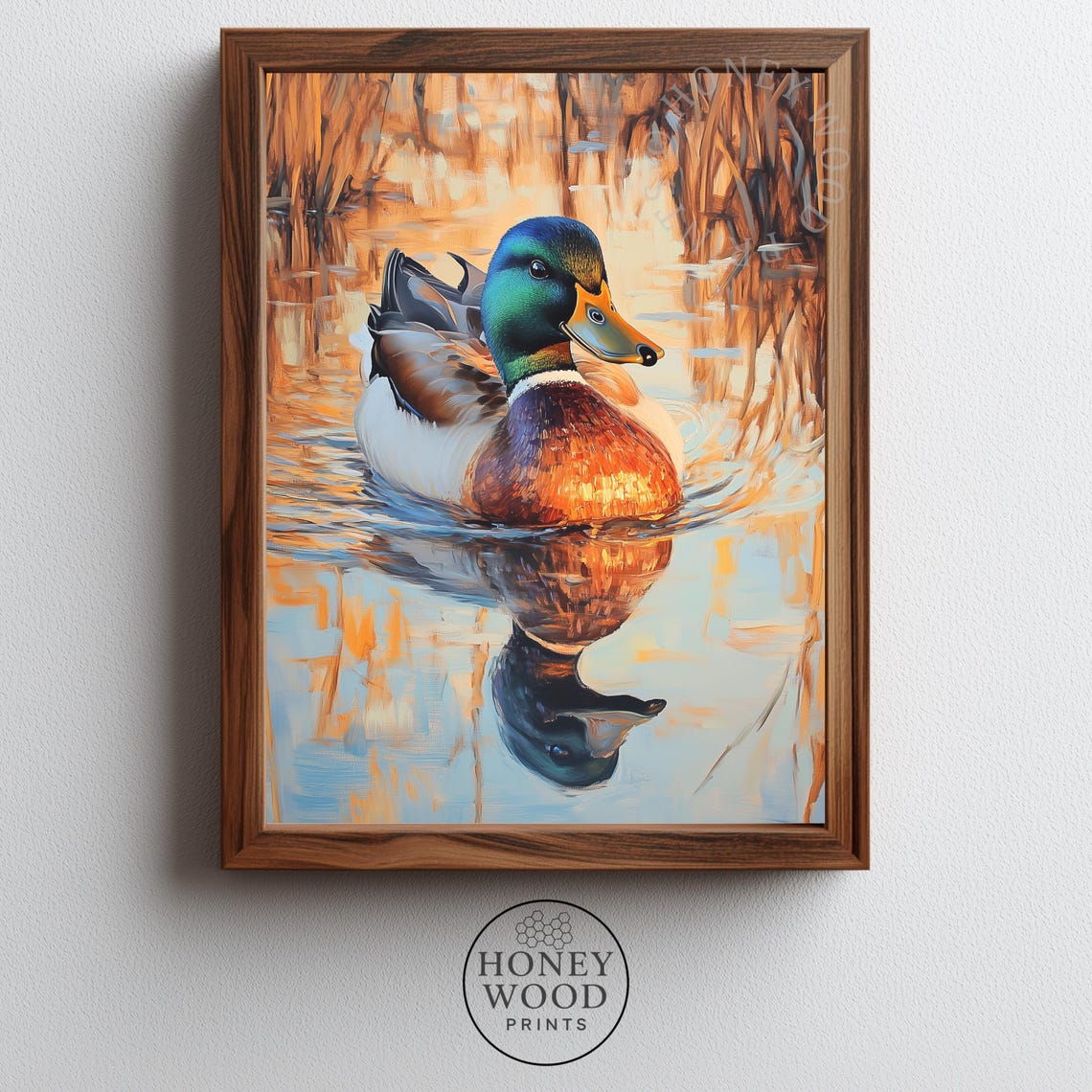 Rustic Mallard Duck Golden Autumn Pond Wildlife Painting Wall Art