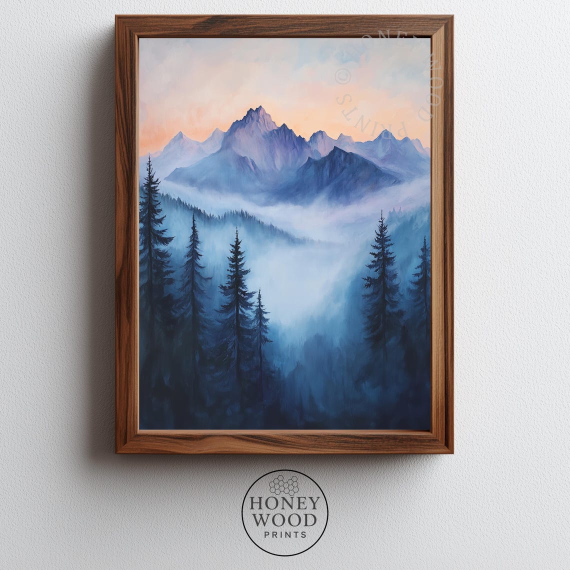 Misty Blue Mountain Range Sunrise Foggy Pine Forest Serene Print