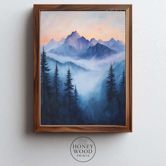 Misty Mountain Range At Sunrise Moody Serene Landscape Art Rustic Foggy Scene Cozy Wall Decor 61