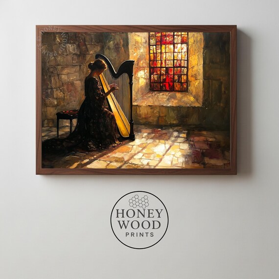 Medieval Harpist In Stone Hall Moody Vintage Classical Painting Romantic Wall Art Decor Warm Dramatic Lighting 151