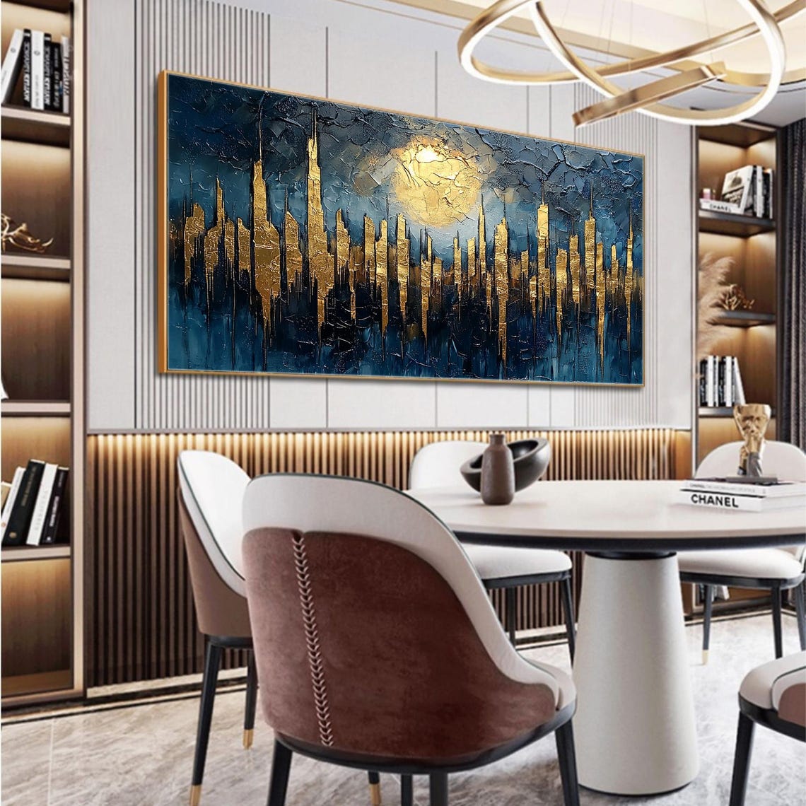 Golden City Skyline Beneath a Glowing Moon on Navy Night Poster - Image 5