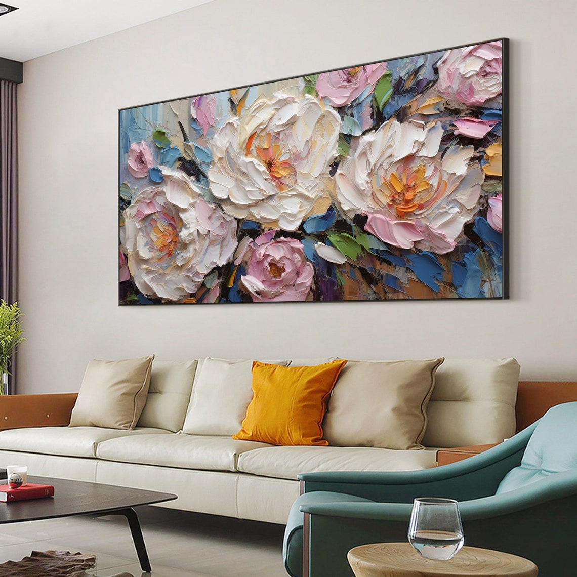 White Pink Impasto Peony Blooms Palette Knife Textured Floral Poster - Image 6