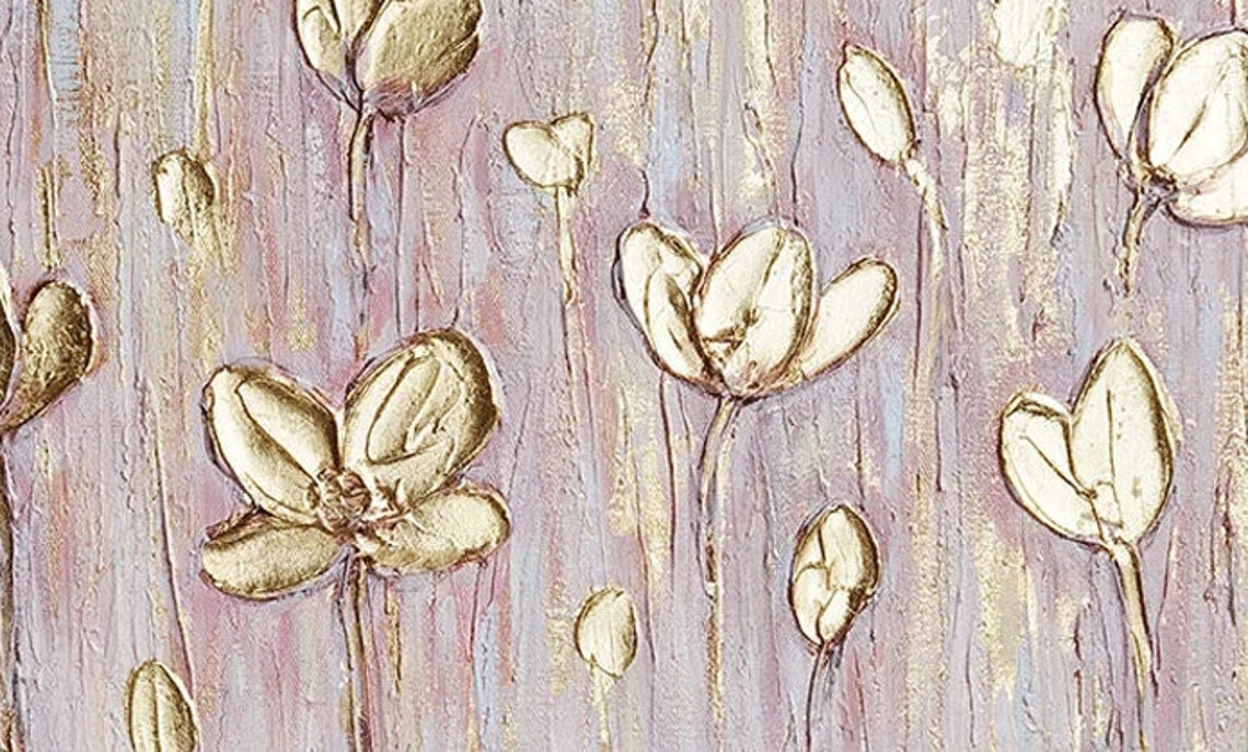 Gold Leaf Blossom Floral Oil Painting On Gold Flower Art Hand Painted Texture Painting Palette Knife Painting Living Room Wall Art - Image 2