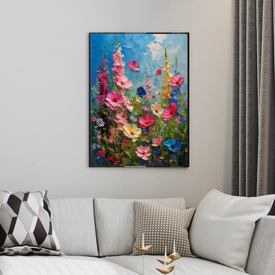 Tall Wildflower Meadow Impasto Vertical Oil Painting Art Print - Image 3